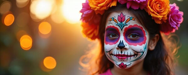 Young Mexican girl celebrates Day Dead. Face painted with traditional sugar skull makeup. Beautiful flower crown on head. Bokeh background, festive atmosphere, honoring ancestral traditions. Family