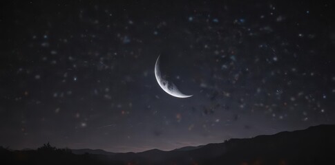 Naklejka premium Crescent moon hangs low, few bright stars scattered across inky black , universe, heavenly bodies, minimalist