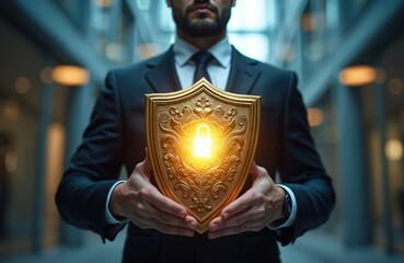 Businessman holds golden shield with lock icon. Represents security, privacy, online protection, data safety. Symbolizes cybersecurity in business. Concept of digital protection.