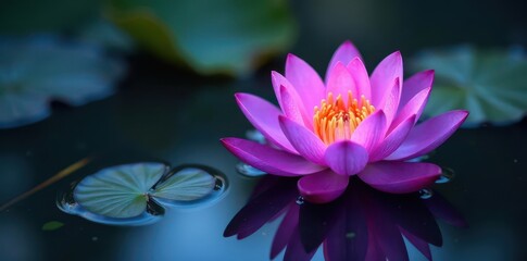 Purple lotus blossom, softly illuminated, floats on dark water , yoga, detail, soft light