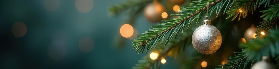 Shimmering silver and gold ornaments cascade down a fir branch , ornaments, fir