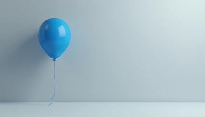 Single blue balloon floats against a neutral gray backdrop , empty space, texture, color palette