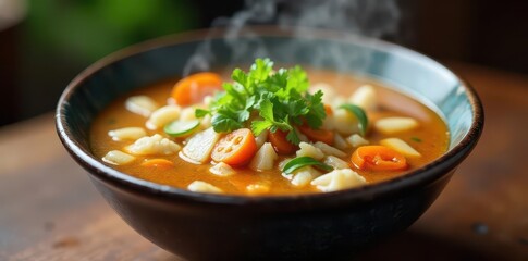 Steaming bowl of aromatic Asian-style soup filled with tender vegetables and herbs, bowl, steam, ingredients