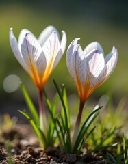 White Crocus flowers in spring. Delicate petals, vibrant colors of violet, orange, green on blurred background. Floral nature photo, plants bloom in park. Springtime, freshness, close-up.