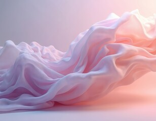 Abstract 3D digital artwork features floating ethereal fabric sculpture with pastel hues. Soft smooth elegant fluid aesthetic conceptual design. Modern dreamlike flowing motion artistic futuristic