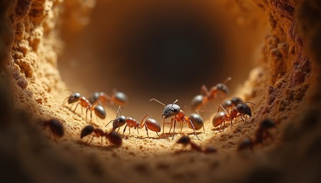 Close-up of ants in tunnel. Ants demonstrate teamwork, movement in sandy environment. Colony builds nest. Social insects explore underground habitat, working in community. Wildlife, nature