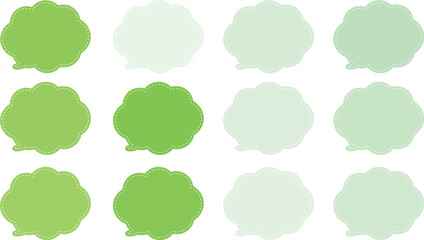 All the bubbles have a distinctive, rounded, cloud-like, or scalloped edge design. This vector image features twelve speech bubbles. Speech bubble with a white dashed line inside.