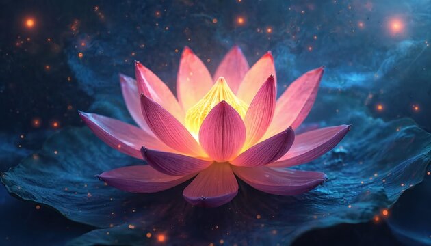 AI generated cosmic lotus flower blooms. Floral illustration, glowing petals. Artistic image, spiritual concept, symbol of purity, enlightenment, zen meditation, buddhism, peace, wellness, calm, - Powered by Adobe