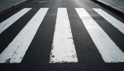 Zebra crossing on asphalt street. White painted pedestrian crosswalk stripes on dark road. City urban scene with safety marking for people crossing road, highway street. Transportation safety concept.