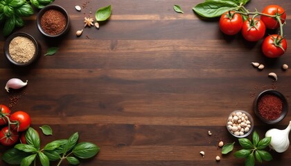 Dark walnut butcher block kitchen countertop background. Deep brown wood tones, prominent grain patterns. Tomatoes, basil leaves, spices, garlic, various ingredients around. Flat lay top view food