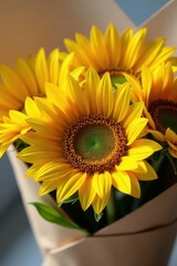 Obraz premium Close-up of sunflower stems wrapped in brown paper, with some visible leaves and stems, stems, brown paper, rustic