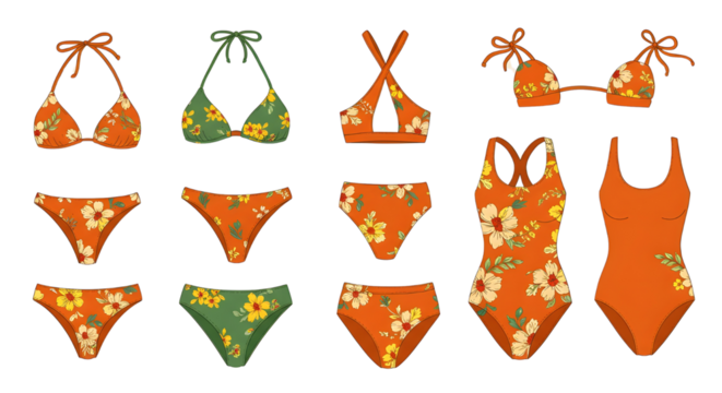 Mix of Patterned Bikinis and One-Piece Swimsuits