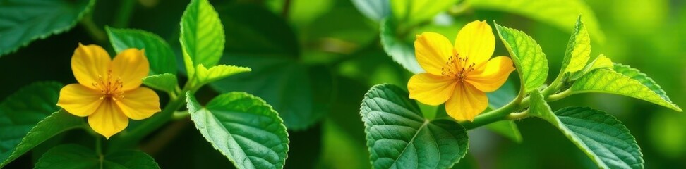 Fresh green leaves on a vine with bright yellow watermelon flowers, yellow watermelon flower, summer vine, natural landscape