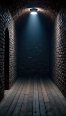 Searchlight illuminates empty cellar; black brick walls, wooden floor , dark, photo, walls