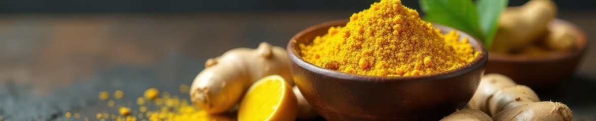 A bowl brimming with fresh ginger root and its ground powder , preparation, ginger powder