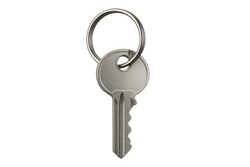 Close-up of a silver metal key with key ring, isolated on a transparent background, ideal for security and access concepts