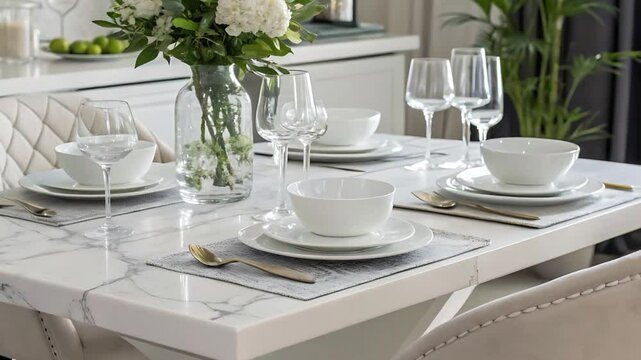 A white marble dining table set with white plates and bowls and wine glasses and a flower vase