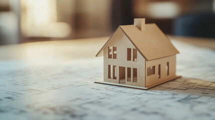 Small house model on top of architectural blueprints and vacant land background. Symbolizes residential planning, zoning, urban development, and property investment vision.

