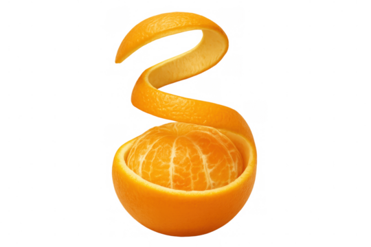 Ripe orange being peeled, with the peel spiraling upwards, isolated on a transparent background, perfect for health, food, and lifestyle projects