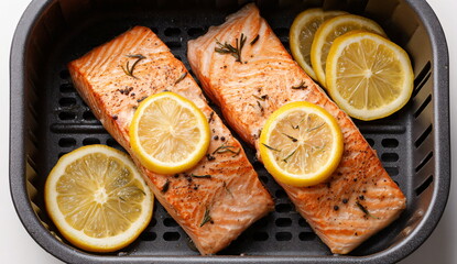 Two grilled salmon fillets with rosemary and lemon slices in an air fryer basket. Healthy dinner concept.