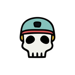  Skull with Helmet Flat Vector Icon in Cartoon Doodle Style &ndash; Teal, Coral and Yellow Color Palette for Youth Protection Concepts, Skater Culture, and Safety-Themed Illustrations