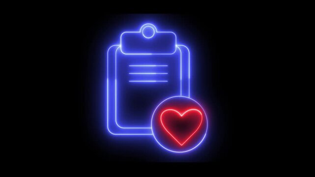 Neon light effect animation of a clipboard icon and a heart