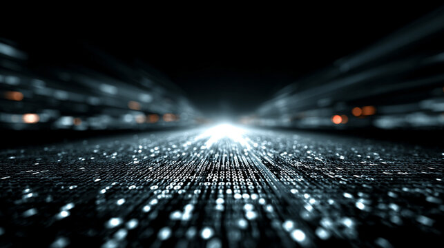 Binary code streams forward along a glowing digital road, symbolizing data transmission, connectivity, and futuristic technology. Abstract concept of digital infrastructure in motion.

 - Powered by Adobe