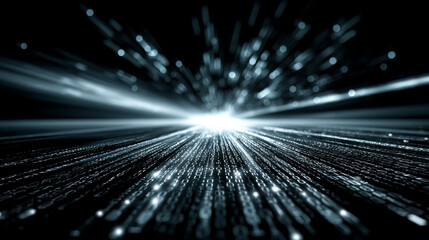 Binary code streams forward along a glowing digital road, symbolizing data transmission, connectivity, and futuristic technology. Abstract concept of digital infrastructure in motion.

