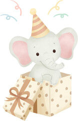 Cute Elephant in Gift Box, Birthday Celebration Clipart PNG