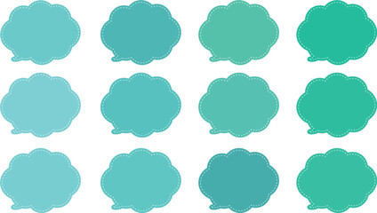 All the bubbles have a distinctive, rounded, cloud-like, or scalloped edge design. This vector image features twelve speech bubbles. Speech bubble with a white dashed line inside.