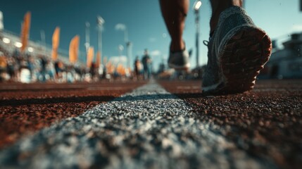 Athlete's stride on a stadium track, closeup view