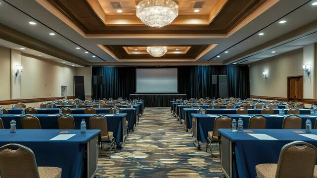 A room with tables, chairs and chandels