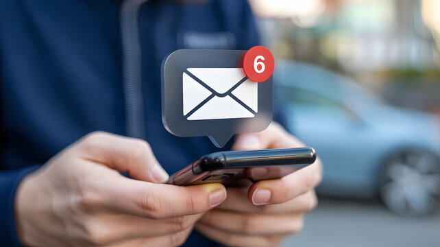 Person using a mobile phone to view email with a notification badge indicating six unread messages, symbolizing connectivity and digital communication in the modern age.