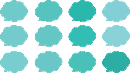 All the bubbles have a distinctive, rounded, cloud-like, or scalloped edge design. This vector image features twelve speech bubbles. Speech bubble with a white dashed line inside.