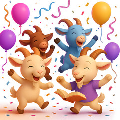 Naklejka premium Joyful Goats Celebrate with Balloons and Confetti Transparent Background