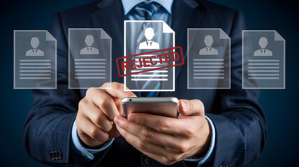Human resources specialist declines candidate application through mobile, symbolizing employment challenges and recruitment choices with a digital age business professional in dark suit.