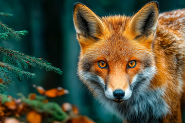 Fototapeta premium A majestic red fox stares intently, its amber eyes piercing through the woodland's shadowy depths. Wild beauty captured.