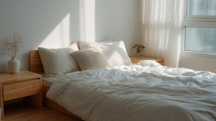 A cozy bedroom with a wooden bed, white bedding, and soft pillows. Natural light streams through sheer curtains, illuminating the space.