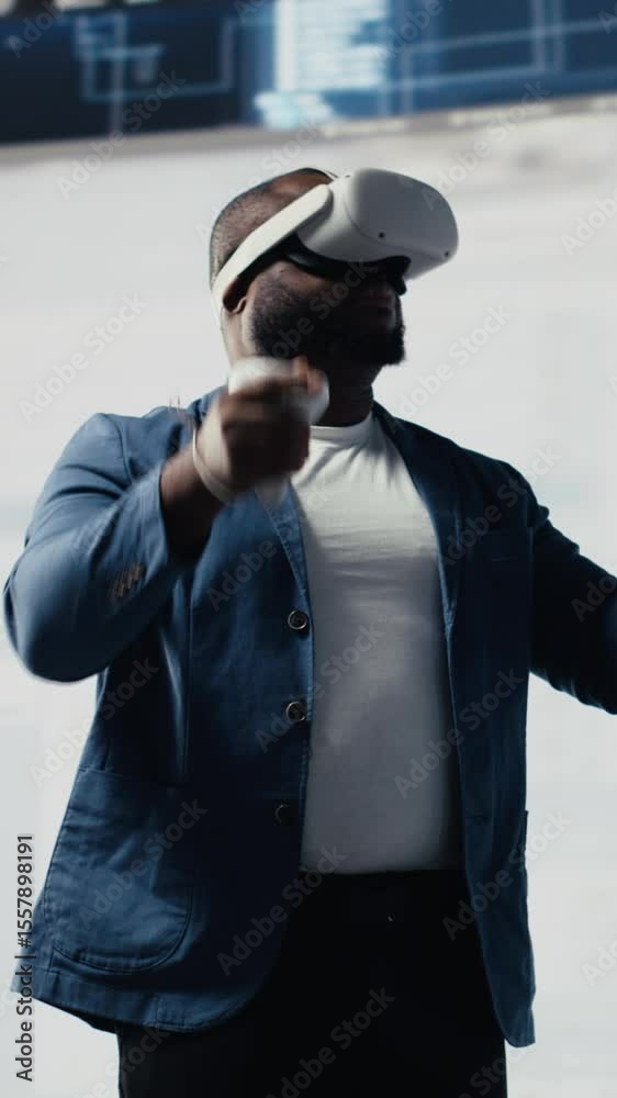 Poster vertical video african american programmer engaging in virtual reality with a headset, focusing on s