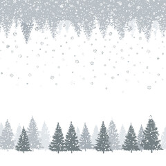 Vector winter scene with falling snowflakes, pine trees, and snowy pattern on transparent background, gray and white palette, simple design, high resolution