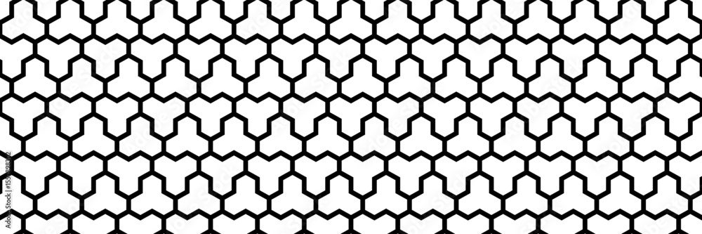 Poster horizontal seamless black outline hexagon tile and textile pattern on white.