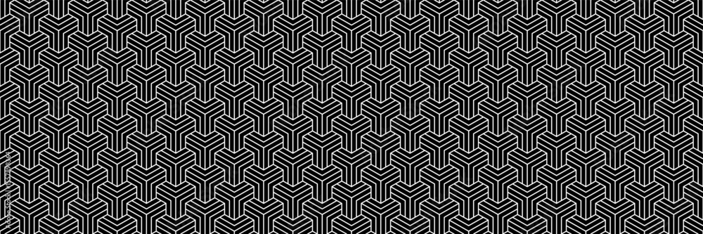 Poster horizontal seamless white lines in geometric hexagon design on black for pattern and background.
