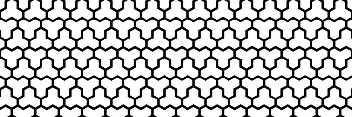 horizontal seamless black outline hexagon tile and textile pattern on white.