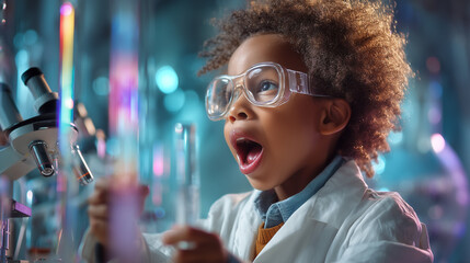 Amazed young African American girl scientist with safety goggles and microscope in laboratory. STEM education and science discovery concept for children learning programs.