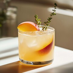 Peach Thyme Cocktail, indoors, sunlit bar.  Image use Drink promotional