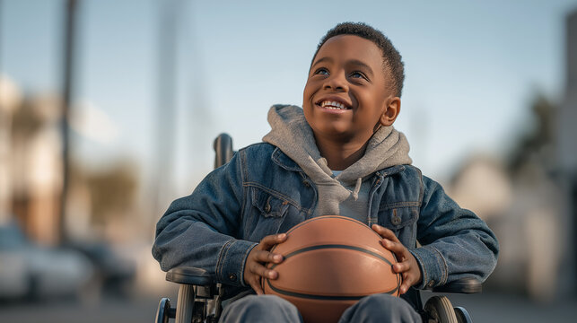 Joyful young boy in wheelchair holding basketball for inclusive sports and disability awareness campaigns