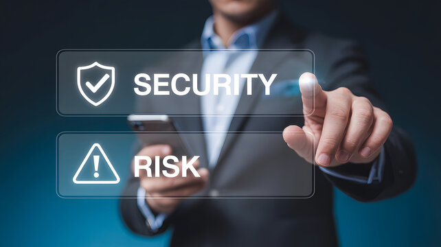 Business professional addresses cybersecurity risks, touching a glowing panel for enhanced security solutions and risk mitigation in the digital age.