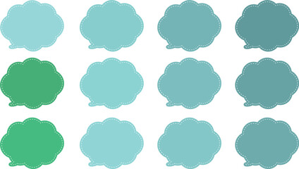 All the bubbles have a distinctive, rounded, cloud-like, or scalloped edge design. This vector image features twelve speech bubbles. Speech bubble with a white dashed line inside.