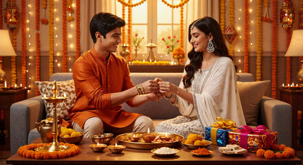 Raksha Bandhan 2025 Festive Moment with Rakhi Ceremony, Gifts, and Traditional Indian Decor