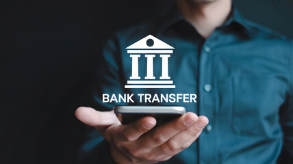 Online banking concept shows a person holding a smartphone with a bank transfer icon, reflecting the ease of digital finance and mobile payment solutions.